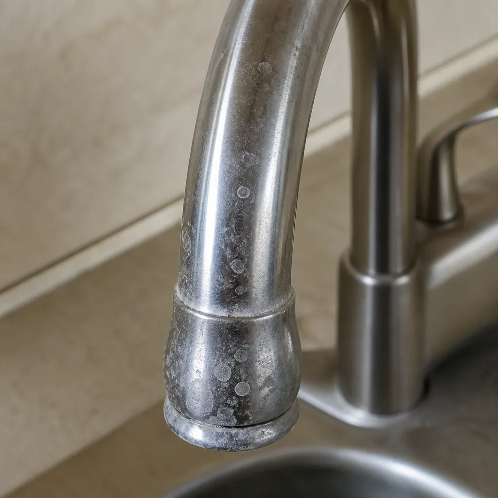 Calcium carbonate scale on a chrome faucet — hard water damage — signs of hard water in Hayward