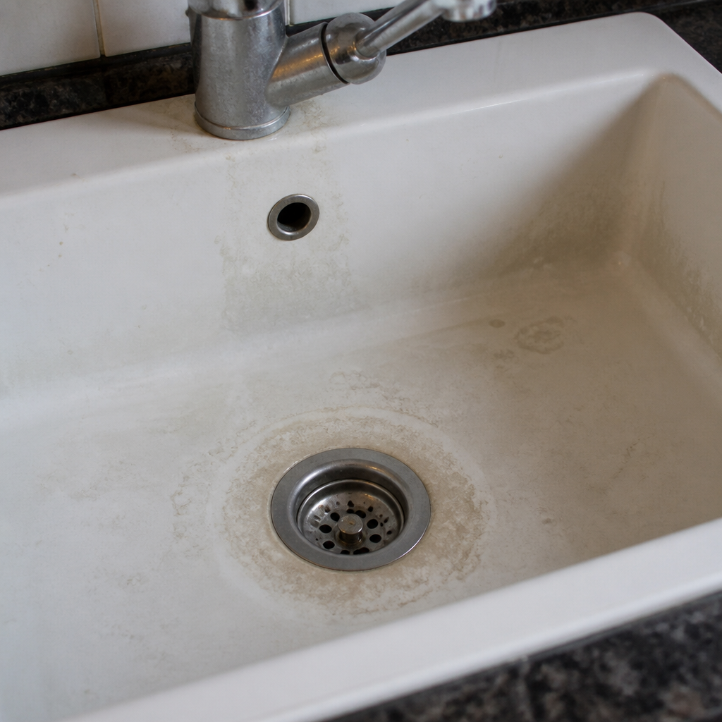Hard water limescale rings and mineral stains in a sink basin — signs of hard water in Appleton