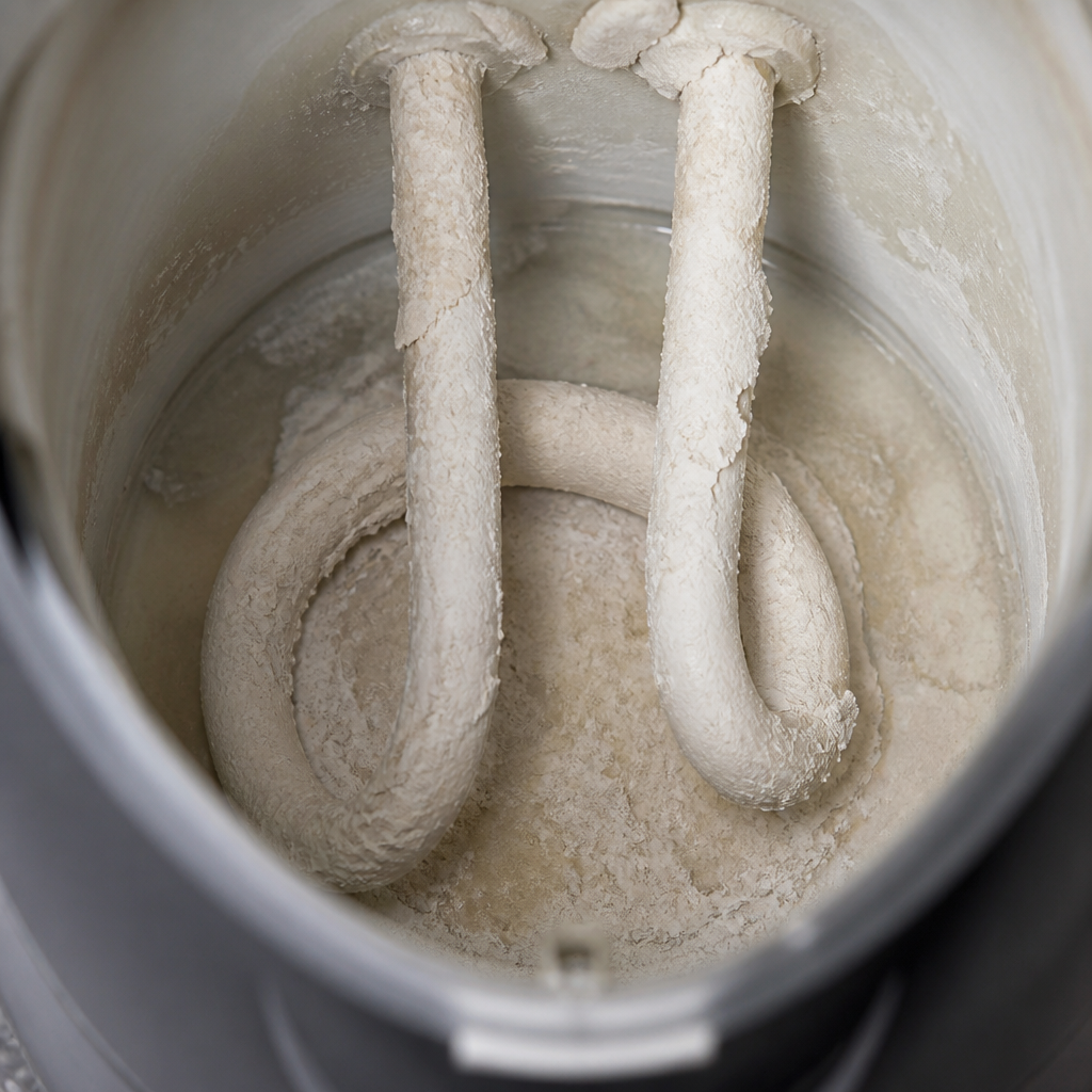 White limescale mineral buildup inside a kettle from hard water — Washington, DC water at 6.8 GPG (117 ppm)
