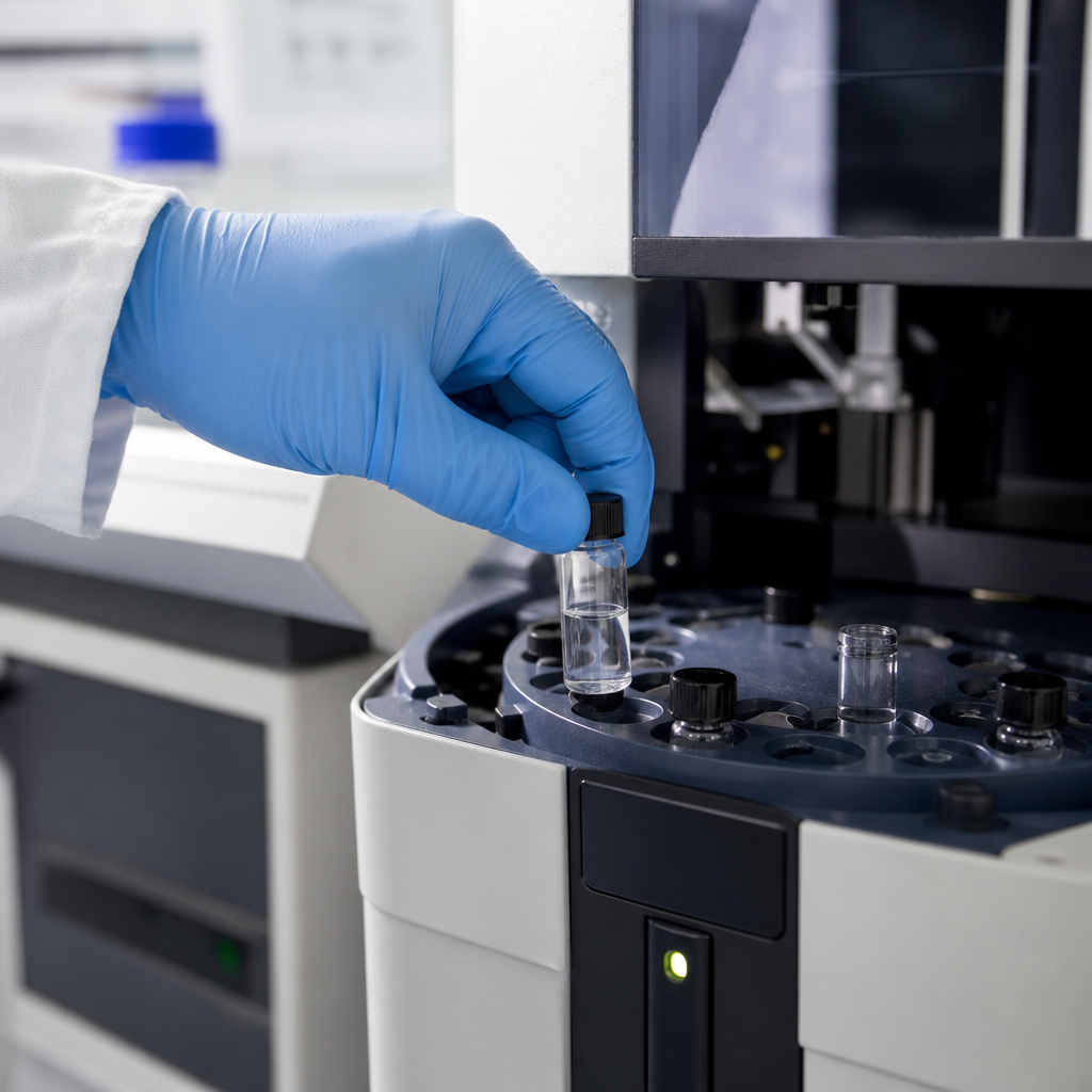 A water sample vial placed into a lab testing instrument