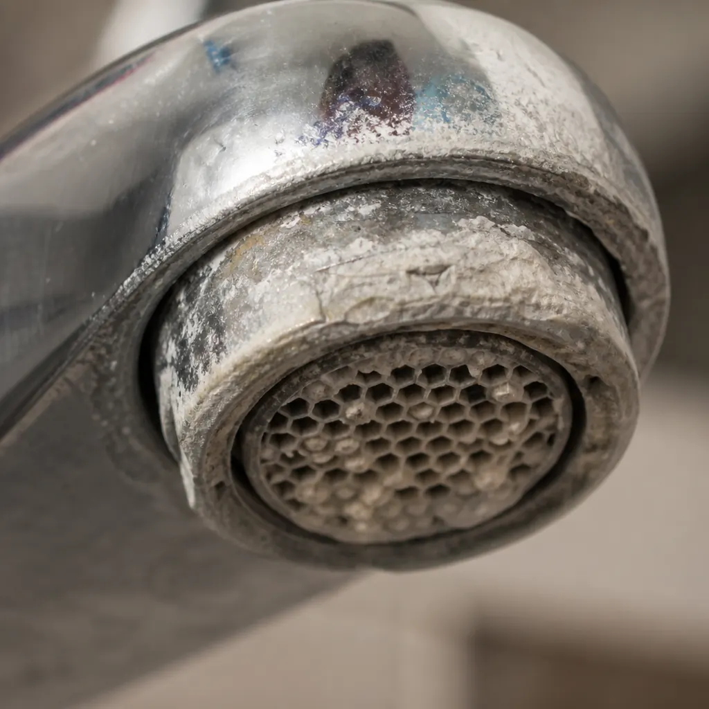 Heavy limescale buildup on a faucet aerator from very hard water — signs of hard water in Vancouver