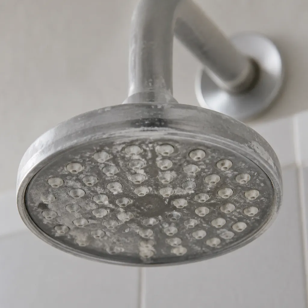White mineral deposits clogging a showerhead from hard water — signs of hard water in Nanaimo