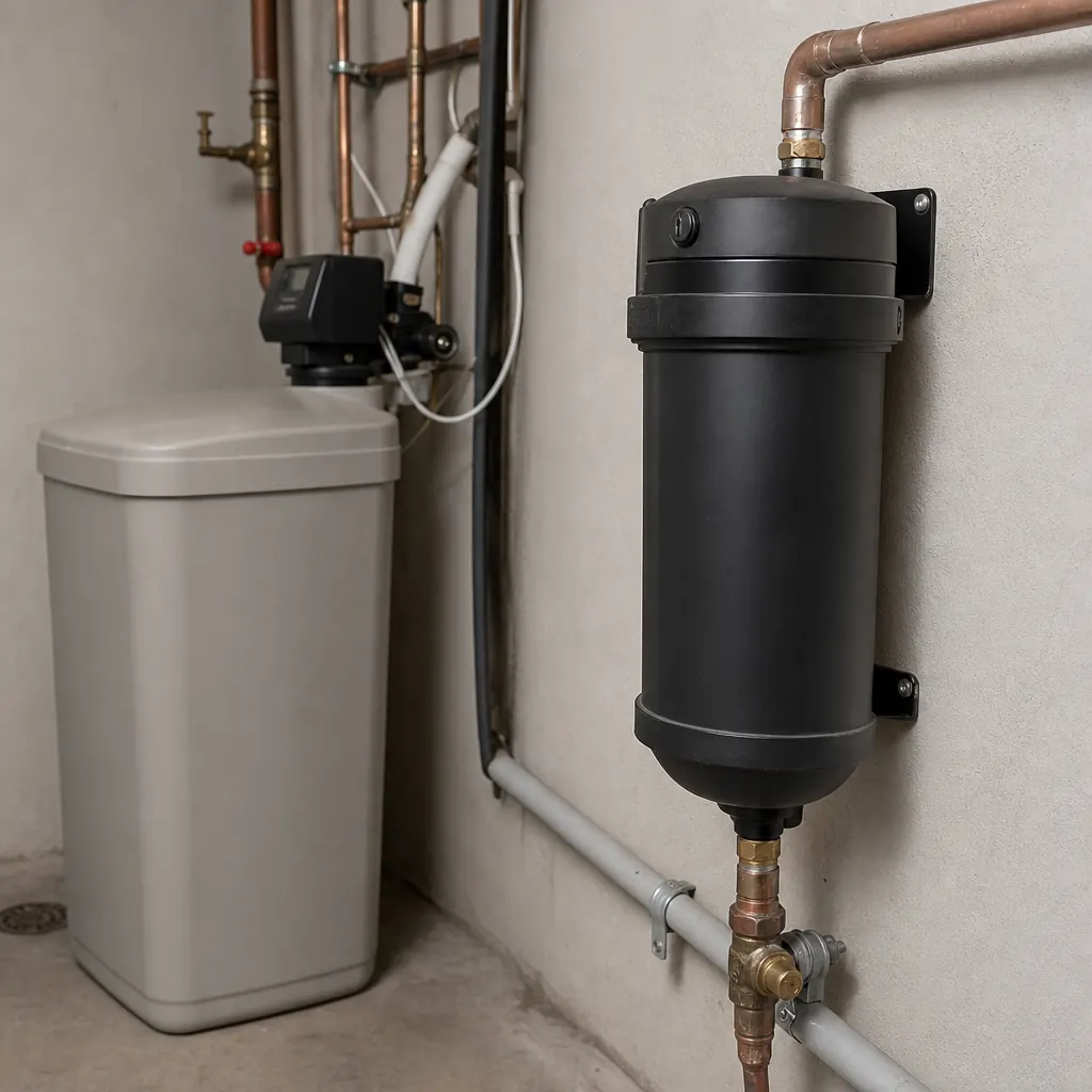 Salt-free water conditioner beside a traditional softener — recommended for Oxnard hard water treatment