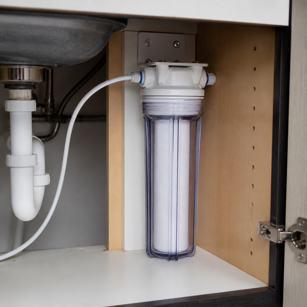 Under-sink water filter canister with neat plumbing — recommended for Columbus hard water treatment