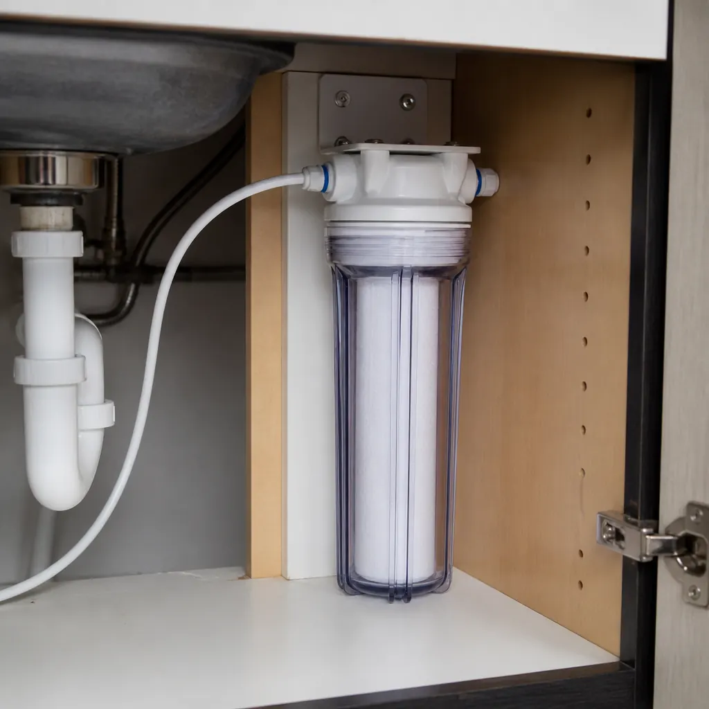 Under-sink water filter canister with neat plumbing — recommended for Hayward hard water treatment