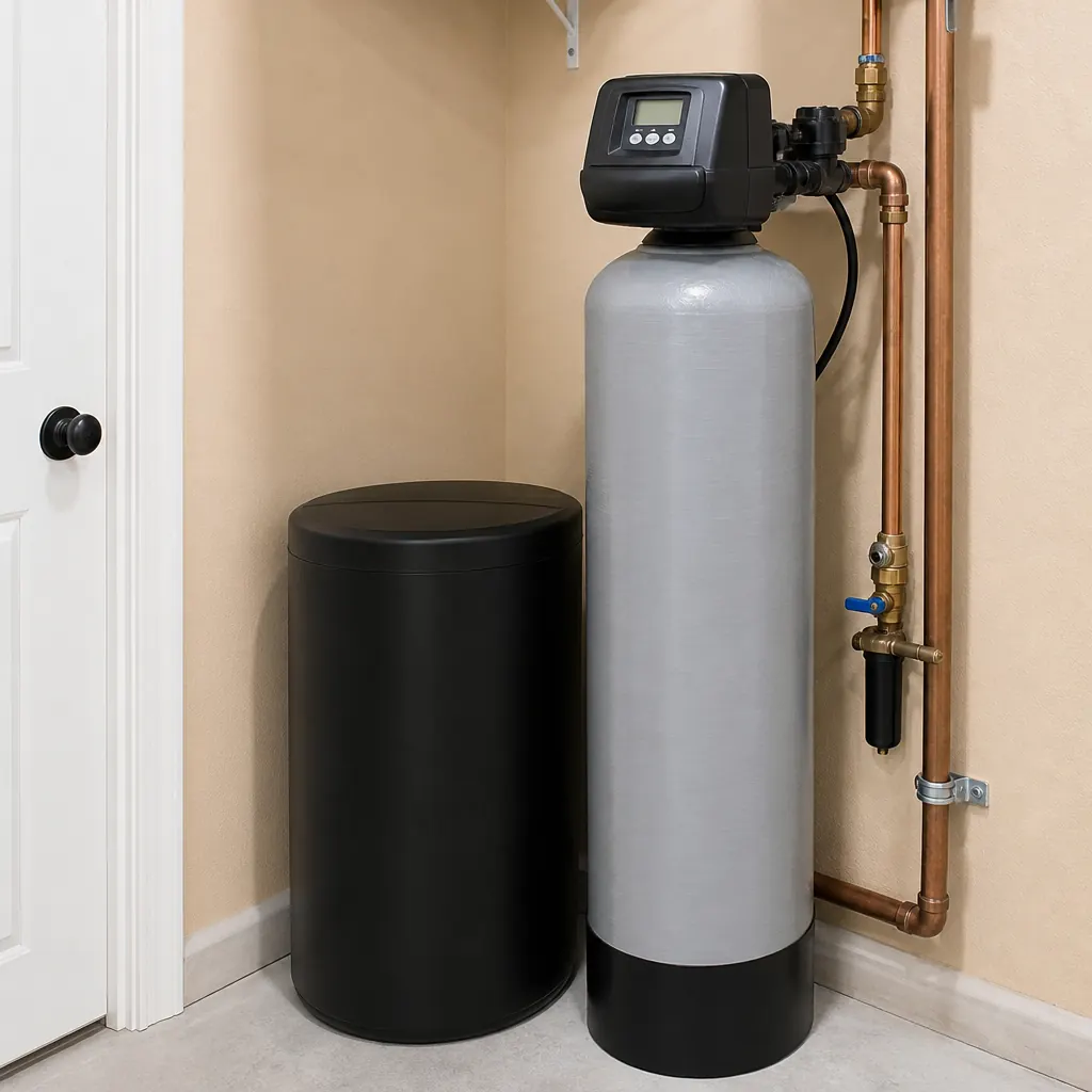 Whole-house water softener brine tank and resin tank installed — recommended for White City hard water treatment
