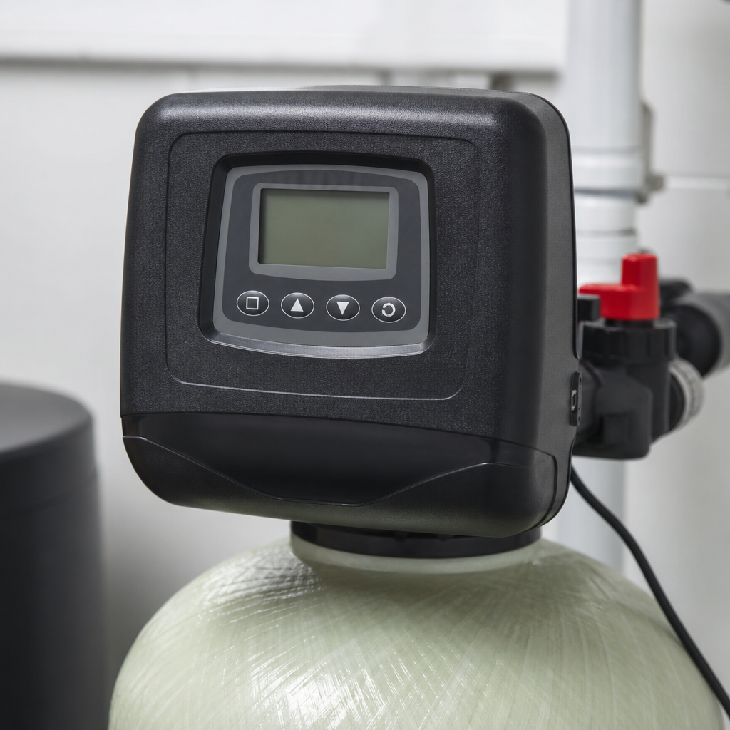 Digital water softener control head on a resin tank — recommended for Red Deer hard water treatment