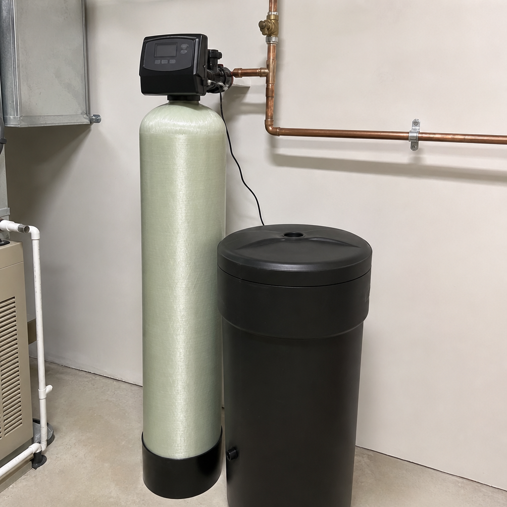 Installed whole-house water softener with resin and brine tanks — recommended for Worcester hard water treatment