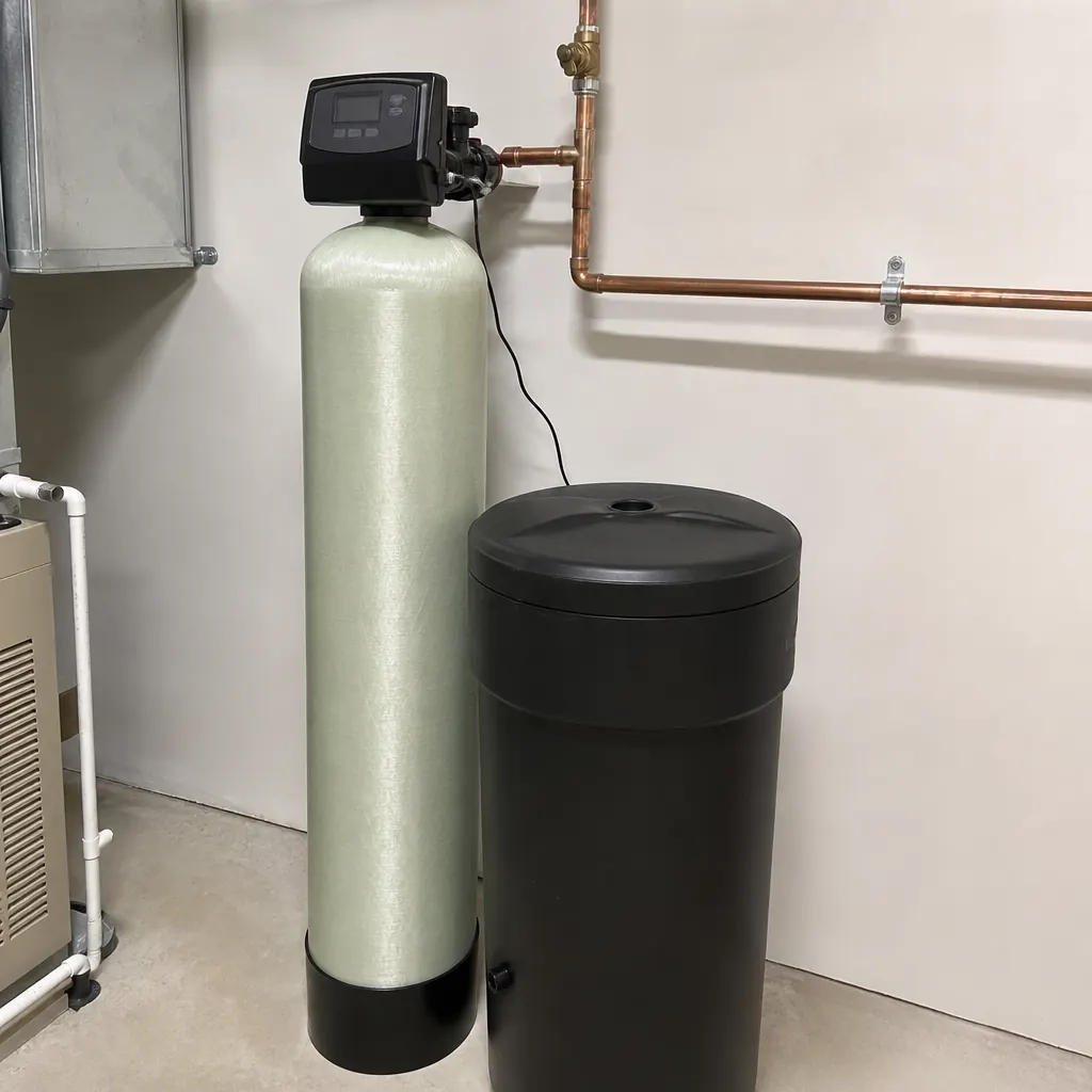 Installed whole-house water softener with resin and brine tanks — recommended for Charleston hard water treatment