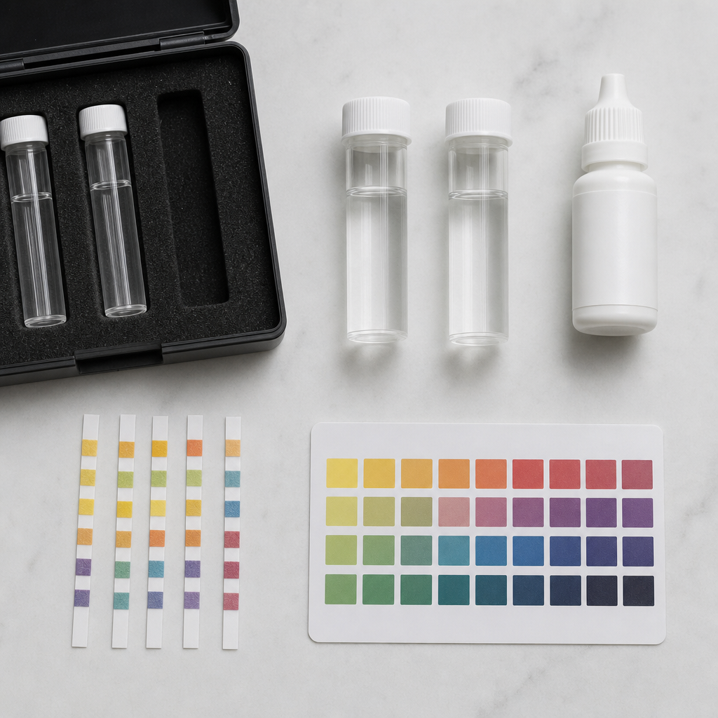 Home water testing kit with strips, vials, and color chart