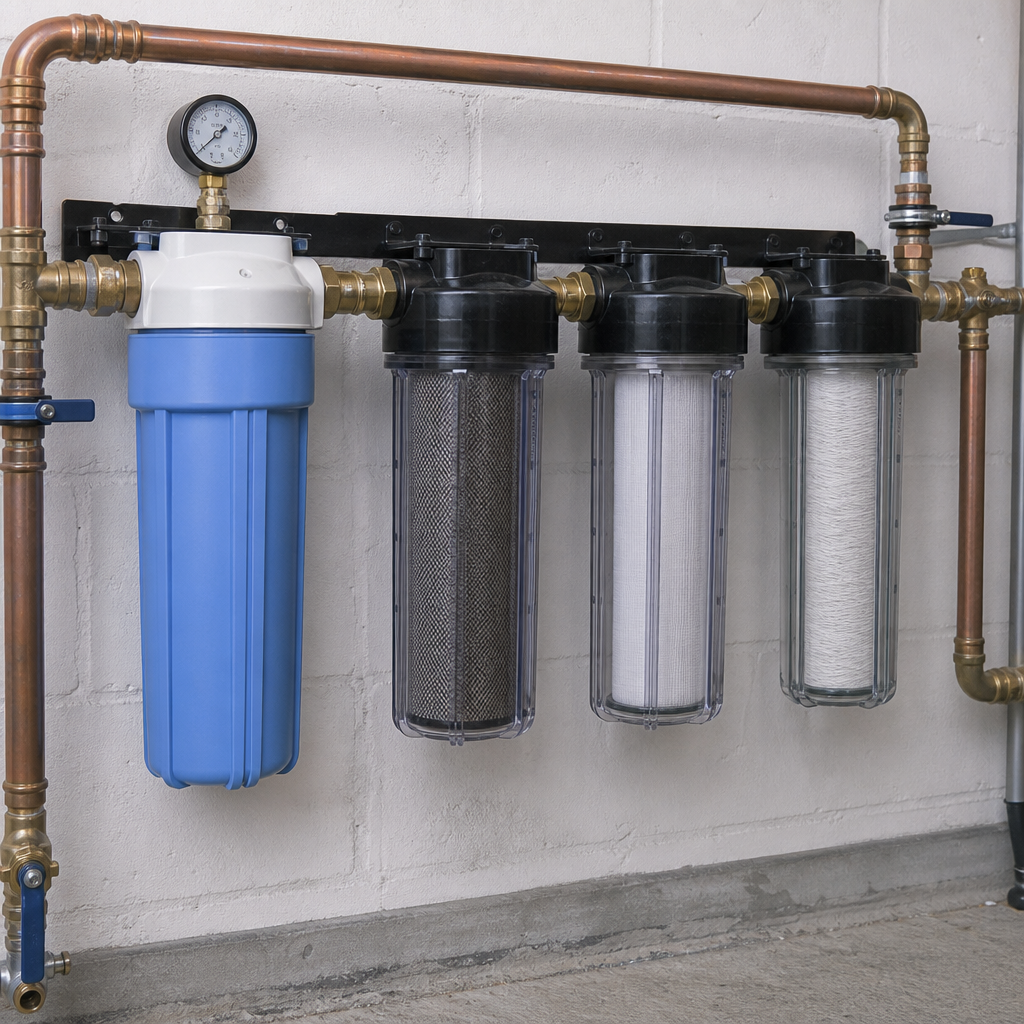 Whole-house water filter manifold with pressure gauge — recommended for Eugene hard water treatment